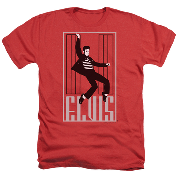 Red men's heather t-shirt with Elvis Presley One Jailhouse graphic