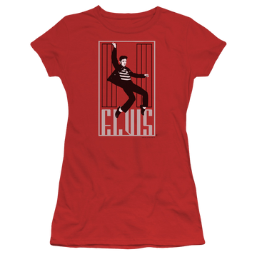 Red juniors t-shirt with Elvis Presley One Jailhouse graphic