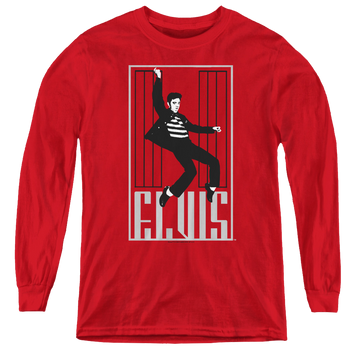 Red youth long sleeve t-shirt with Elvis Presley One Jailhouse graphic