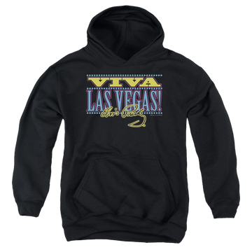 Black youth hoodie for ages 8 to 12 with Elvis Presley Viva Las Vegas graphic