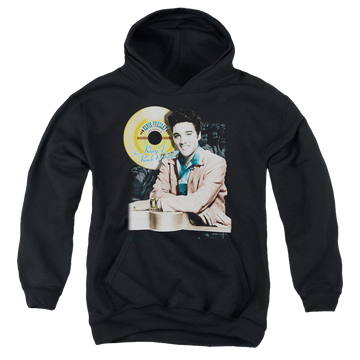 Black youth hoodie for ages 8 to 12 with Elvis Presley Gold Record graphic