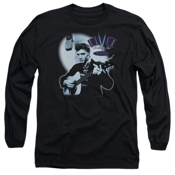 Black men's long sleeve t-shirt with Elvis Presley Hillbilly Cat graphic