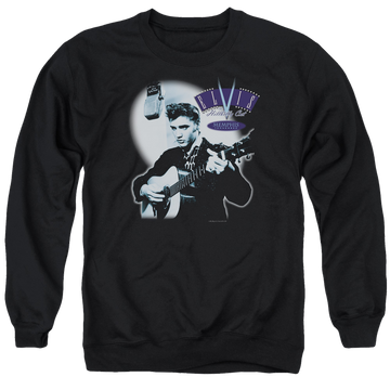 Black men's crewneck sweatshirt with Elvis Presley Hillbilly Cat graphic