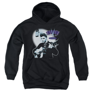 Black youth hoodie for ages 8 to 12 with Elvis Presley Hillbilly Cat graphic