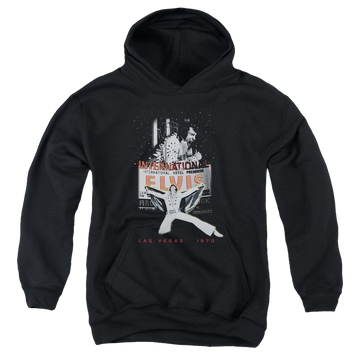 Black youth hoodie for ages 8 to 12 with Elvis Presley Las Vegas graphic