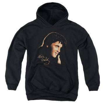 Black youth hoodie for ages 8 to 12 with Elvis Presley Warm Portrait graphic