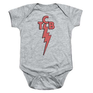 Athletic heather baby bodysuit with Elvis Presley Tcb graphic
