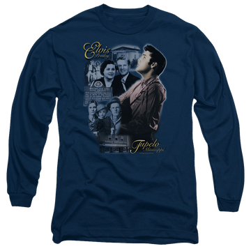 Navy men's long sleeve t-shirt with Elvis Presley Tupelo graphic