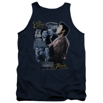 Navy men's tank with Elvis Presley Tupelo graphic