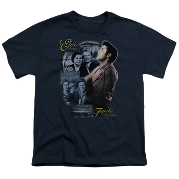 Navy youth t-shirt for ages 8 to 12 with Elvis Presley Tupelo graphic