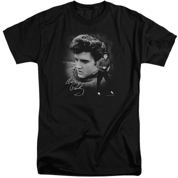 Black men's tall fit t-shirt with Elvis Presley Sweater graphic