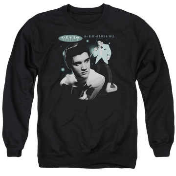 Black men's crewneck sweatshirt with Elvis Presley Teal Portrait graphic