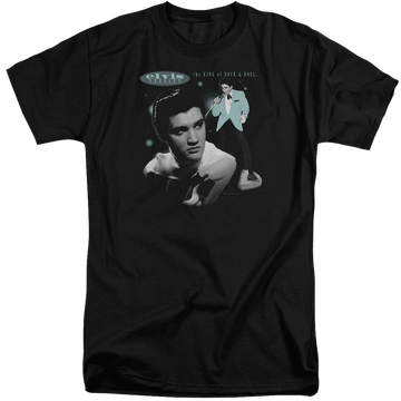 Black men's tall fit t-shirt with Elvis Presley Teal Portrait graphic