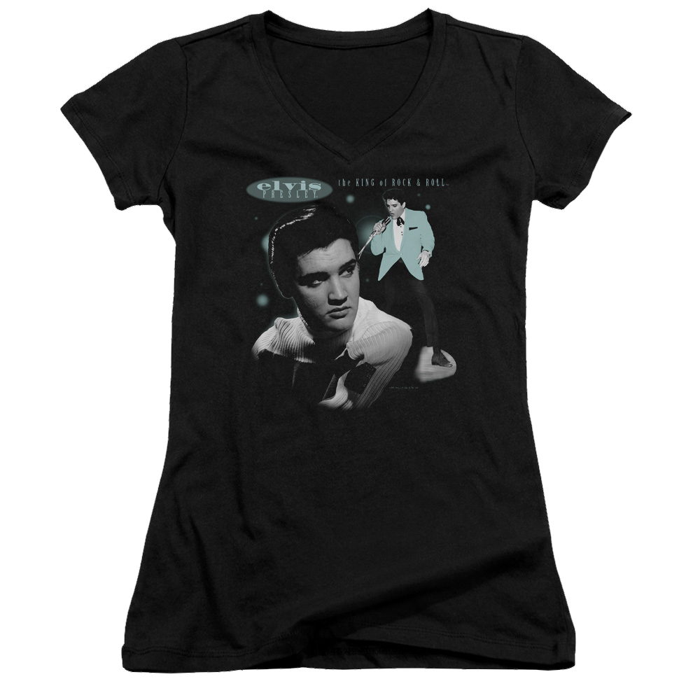 Elvis Presley Teal Portrait - Juniors V-Neck T-Shirt Juniors V-Neck T-Shirt Elvis Presley