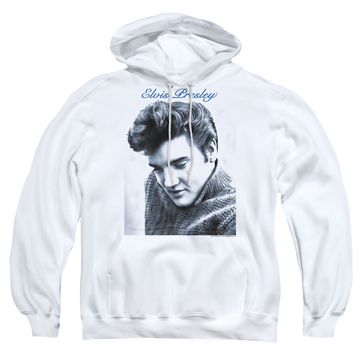 White pullover hoodie with Elvis Presley Script Sweater graphic