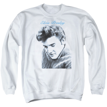 White men's crewneck sweatshirt with Elvis Presley Script Sweater graphic