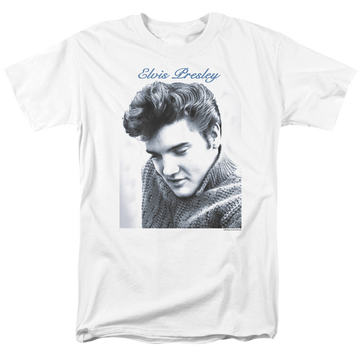 White men's regular fit t-shirt with Elvis Presley Script Sweater graphic