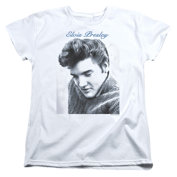 White women's t-shirt with Elvis Presley Script Sweater graphic