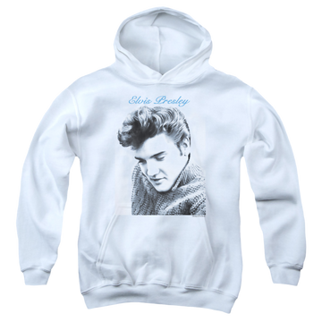 White youth hoodie for ages 8 to 12 with Elvis Presley Script Sweater graphic