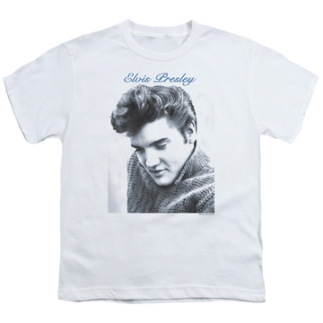 White youth t-shirt for ages 8 to 12 with Elvis Presley Script Sweater graphic