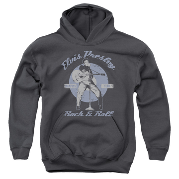 Charcoal youth hoodie for ages 8 to 12 with Elvis Presley Rock & Roll graphic