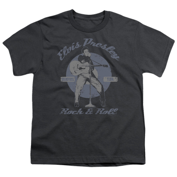 Charcoal youth t-shirt for ages 8 to 12 with Elvis Presley Rock & Roll graphic