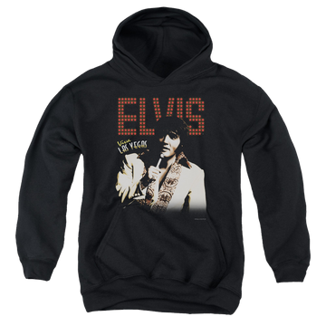 Black youth hoodie for ages 8 to 12 with Elvis Presley Viva Star graphic