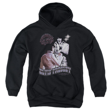 Black youth hoodie for ages 8 to 12 with Elvis Presley Violet Vegas graphic