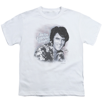 White youth t-shirt for ages 8 to 12 with Elvis Presley Lonesome Tonight graphic