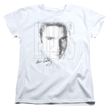 White women's t-shirt with Elvis Presley Blue Eyes graphic