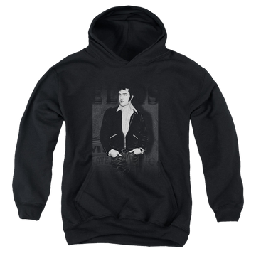Black youth hoodie for ages 8 to 12 with Elvis Presley Just Cool graphic