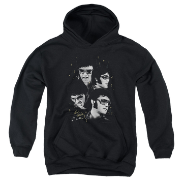 Black youth hoodie for ages 8 to 12 with Elvis Presley Faces graphic