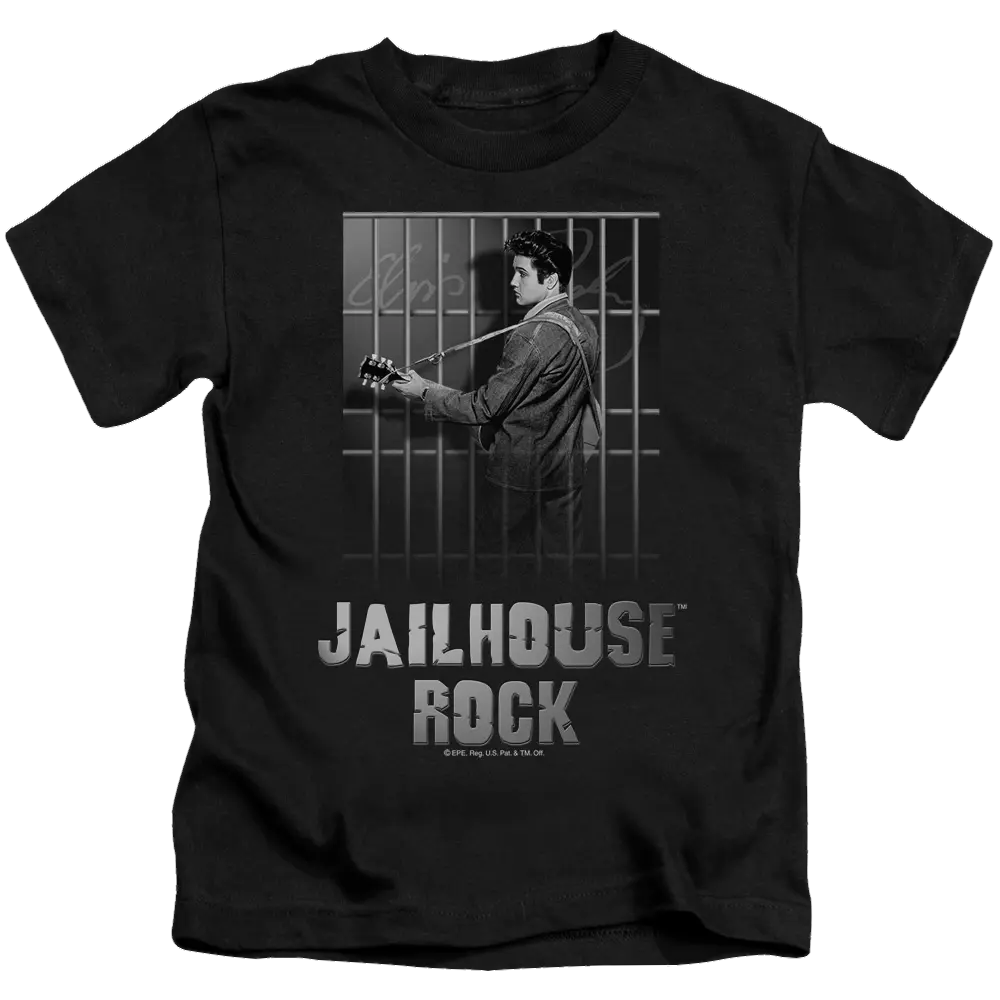 Black kid's t-shirt with grayscale Elvis Presley playing guitar behind jail bars and "Jailhouse Rock" text below.