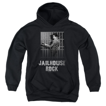 Black youth hoodie for ages 8 to 12 with Elvis Presley Jailhouse Rock graphic