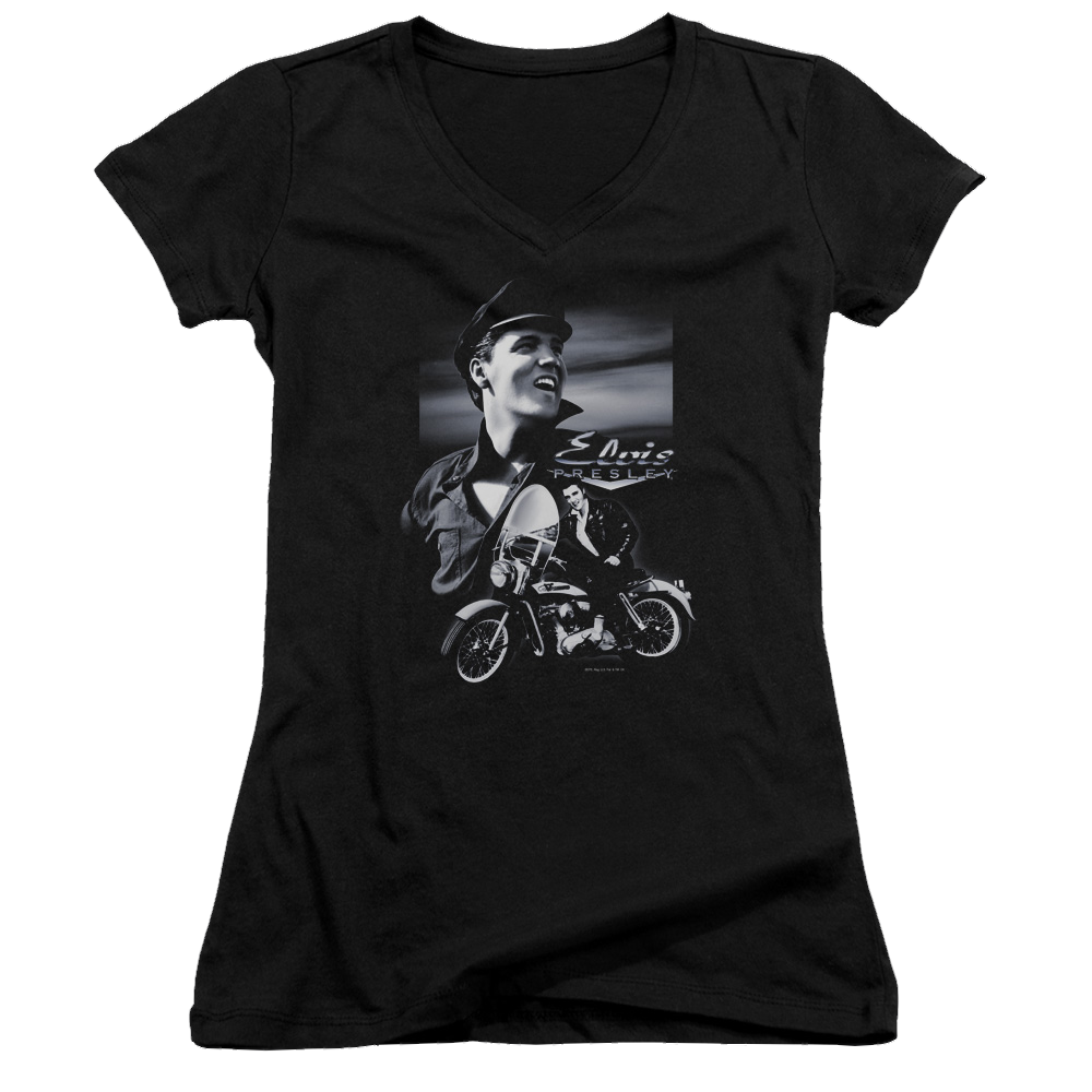 Elvis Presley Motorcycle - Juniors V-Neck T-Shirt Juniors V-Neck T-Shirt Elvis Presley