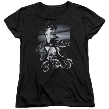 Black women's t-shirt with Elvis Presley Motorcycle graphic