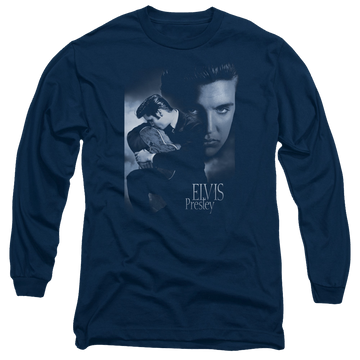 Navy men's long sleeve t-shirt with Elvis Presley Reverent graphic