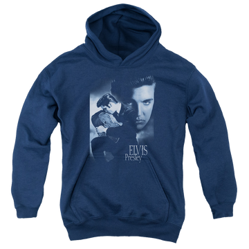 Navy youth hoodie for ages 8 to 12 with Elvis Presley Reverent graphic