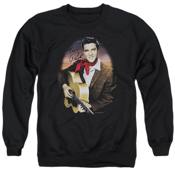 Black men's crewneck sweatshirt with Elvis Presley Red Scarf #2 graphic