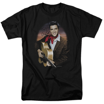 Black men's regular fit t-shirt with Elvis Presley Red Scarf #2 graphic