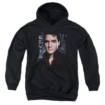 Black youth hoodie for ages 8 to 12 with Elvis Presley Tough graphic