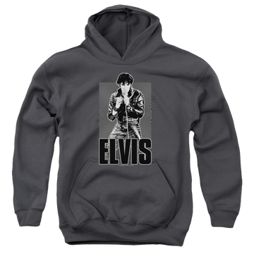 Charcoal youth hoodie for ages 8 to 12 with Elvis Presley Leather graphic