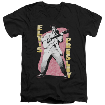 Black men's v-neck t-shirt with Elvis Presley Pink Rock graphic