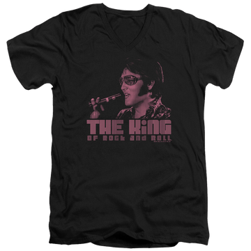 Black men's v-neck t-shirt with Elvis Presley The King graphic