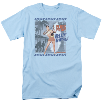 Light blue men's regular fit t-shirt with Elvis Presley Blue Hawaii Poster graphic