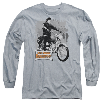 Athletic heather men's long sleeve t-shirt with Elvis Presley Roustabout Poster graphic