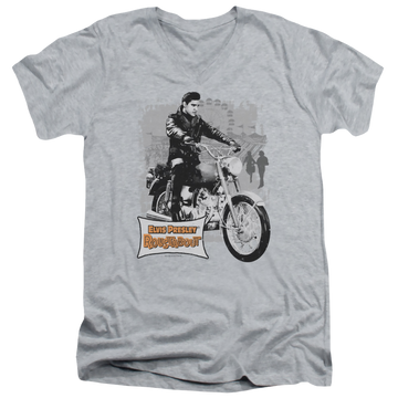 Athletic heather men's v-neck t-shirt with Elvis Presley Roustabout Poster graphic