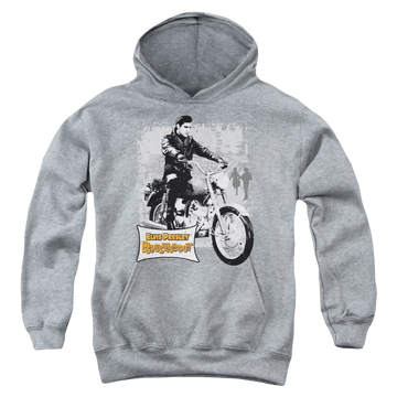 Athletic heather youth hoodie for ages 8 to 12 with Elvis Presley Roustabout Poster graphic