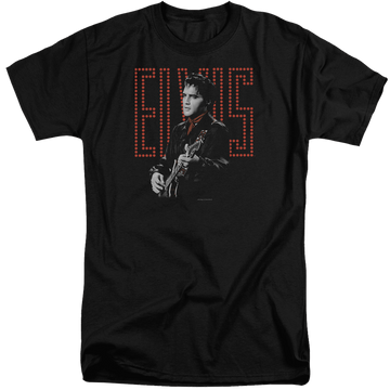 Black men's tall fit t-shirt with Elvis Presley Red Guitarman graphic