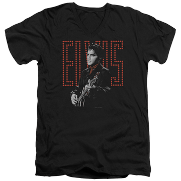Black men's v-neck t-shirt with Elvis Presley Red Guitarman graphic
